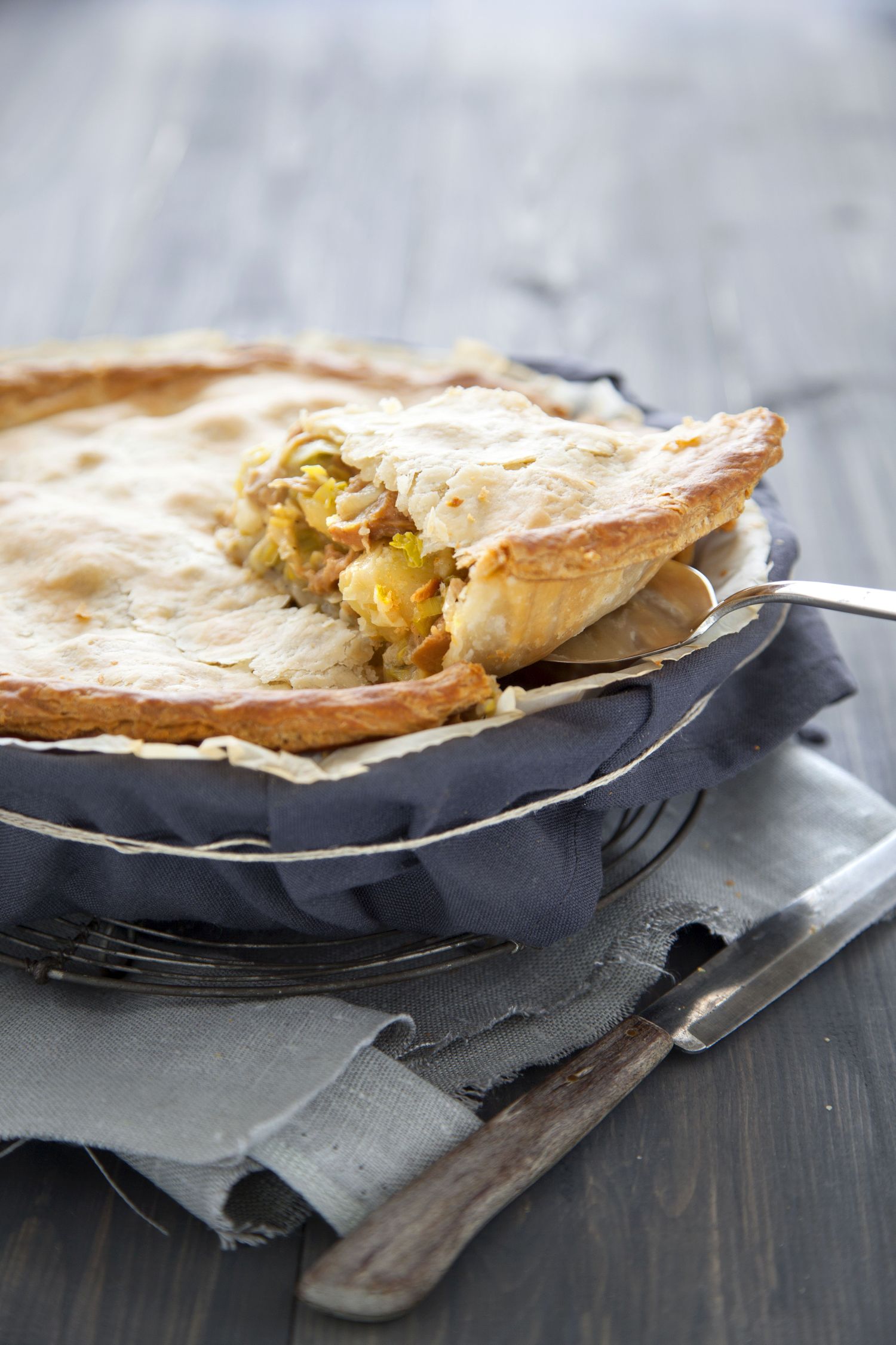 Aardappelpastei met prei en 'kipstukjes'