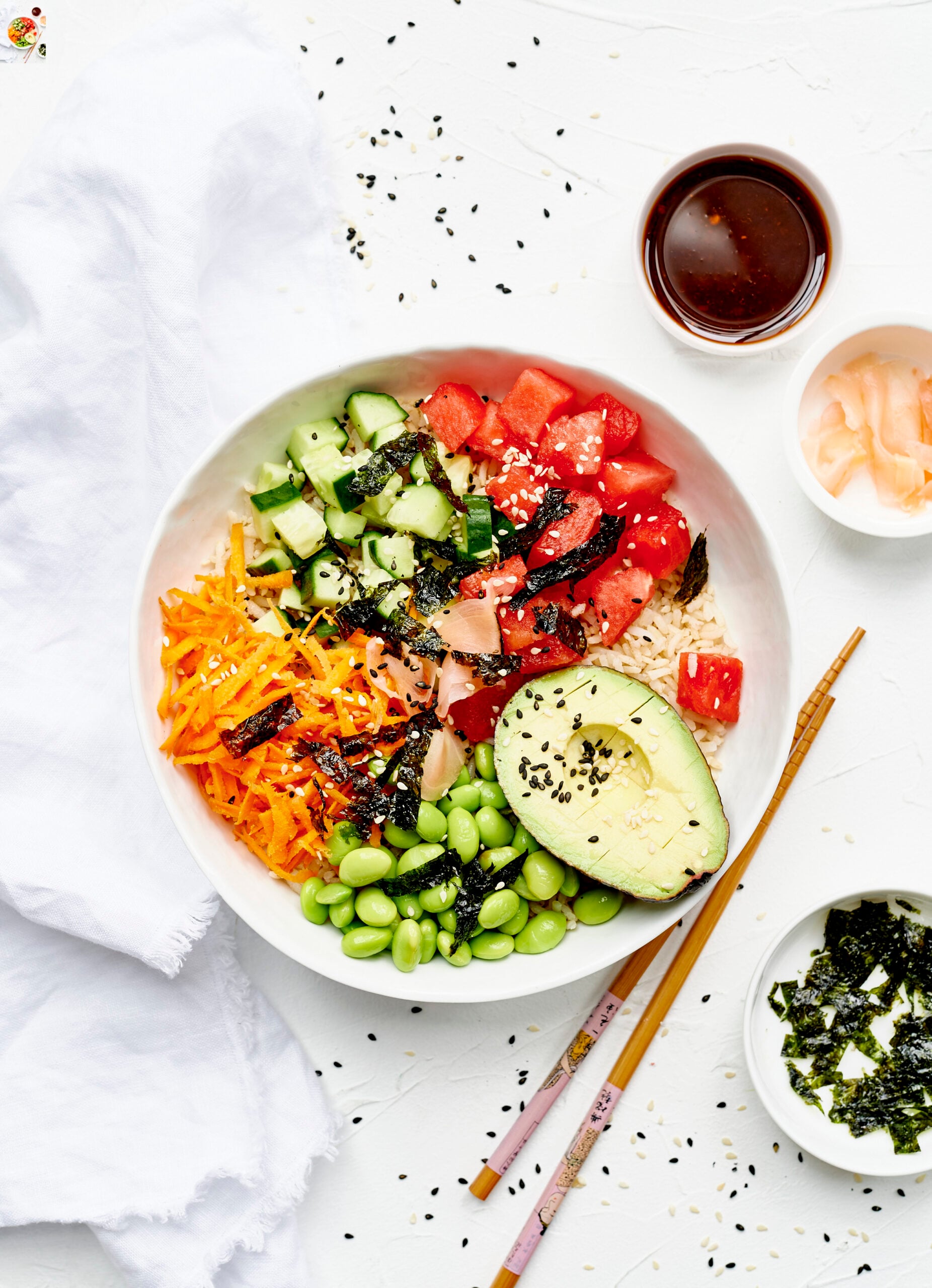 Pokébowl met edamame en watermeloen