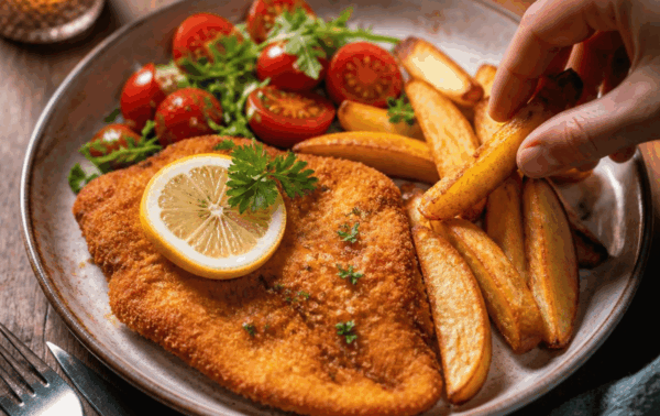 Een bord met een gepaneerde schnitzel, gegarneerd met een schijfje citroen, aardappelpartjes en een salade van cherrytomaatjes en groene bladgroenten; een hand pakt een aardappelpartje op.