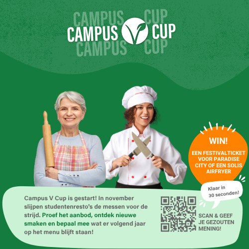 Promotieafbeelding voor de Campus V Cup met twee chef-koks en een QR-code die je kunt scannen om kans te maken op prijzen. Ontdek hoe ProVeg je kan helpen met je feedback.