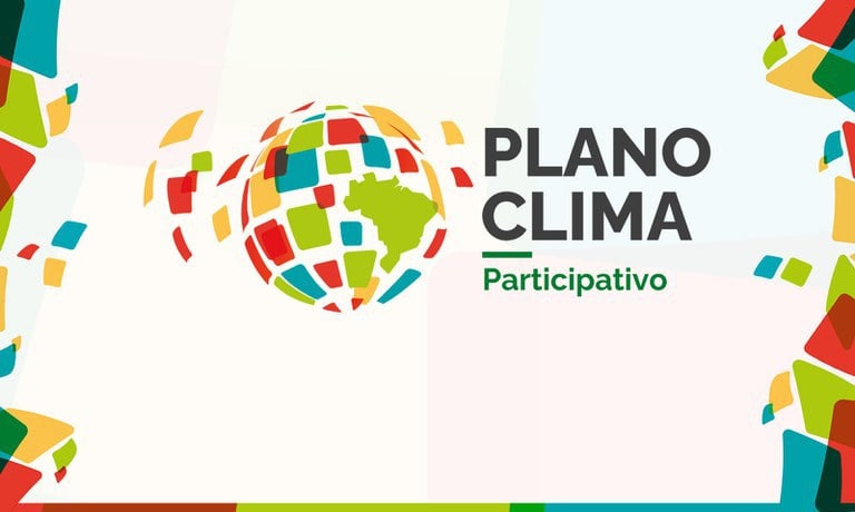 Globo abstrato colorido com o Brasil destacado em verde, ao lado do texto PLANO CLIMA Participativo, sobre fundo claro com detalhes em padrão multicolorido.