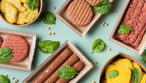 Assortment of plant based meat on a table. Food to reduce carbon footprint, sustainable consumption. View from above, flat lay food.