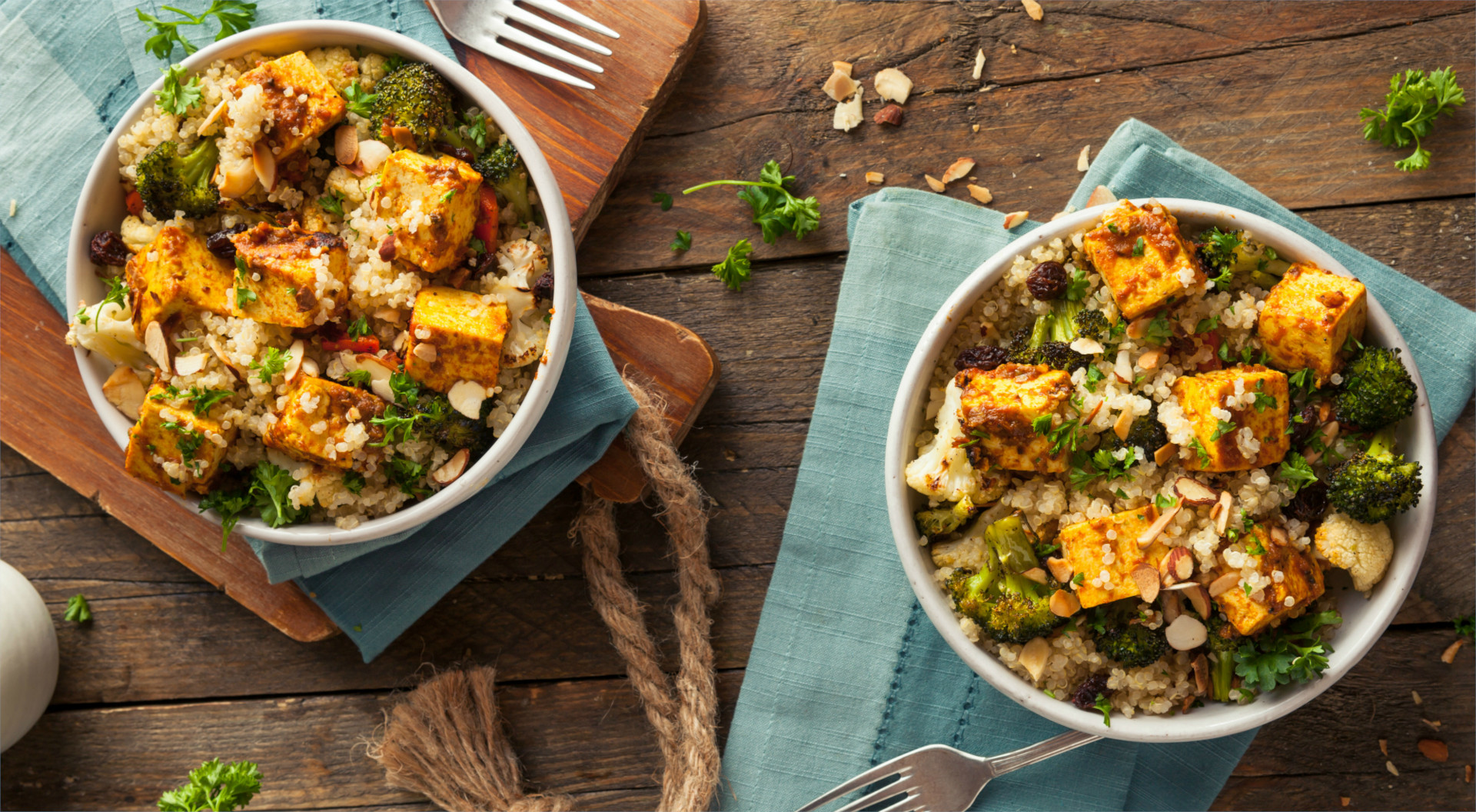 bowls filled with plant-based food, such as tempeh