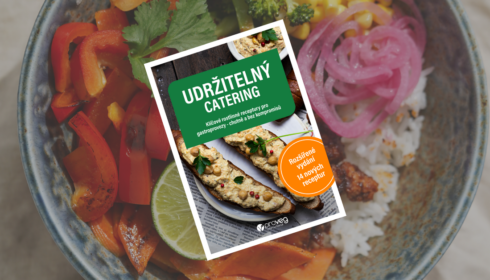 Na misce s rýží, na které leží zelenina, nakládaná cibule a plátky limetky, leží česká kuchařka s názvem „Udržitelný Catering“, obsahující rostlinné recepty pro catering.