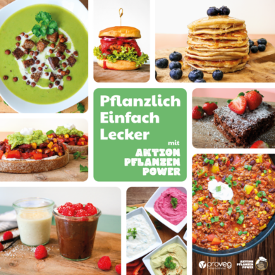 Eine Collage aus farbenfrohen pflanzlichen Gerichten, darunter Suppe, Burger, Pfannkuchen, Brownies, Müsli, Dips und Chili. Der Text auf Deutsch wirbt mit der Aktion „Pflanzen Power“ für eine schmackhafte und einfache pflanzliche Ernährung.