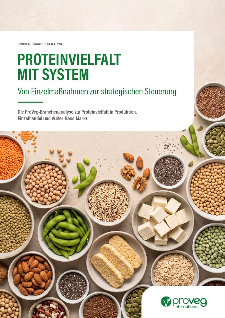 Titelbild eines ProVeg-Branchenberichts mit dem Titel Proteinfalt mit System, das eine Draufsicht auf verschiedene pflanzliche Proteinzutaten in kleinen Schälchen zeigt.