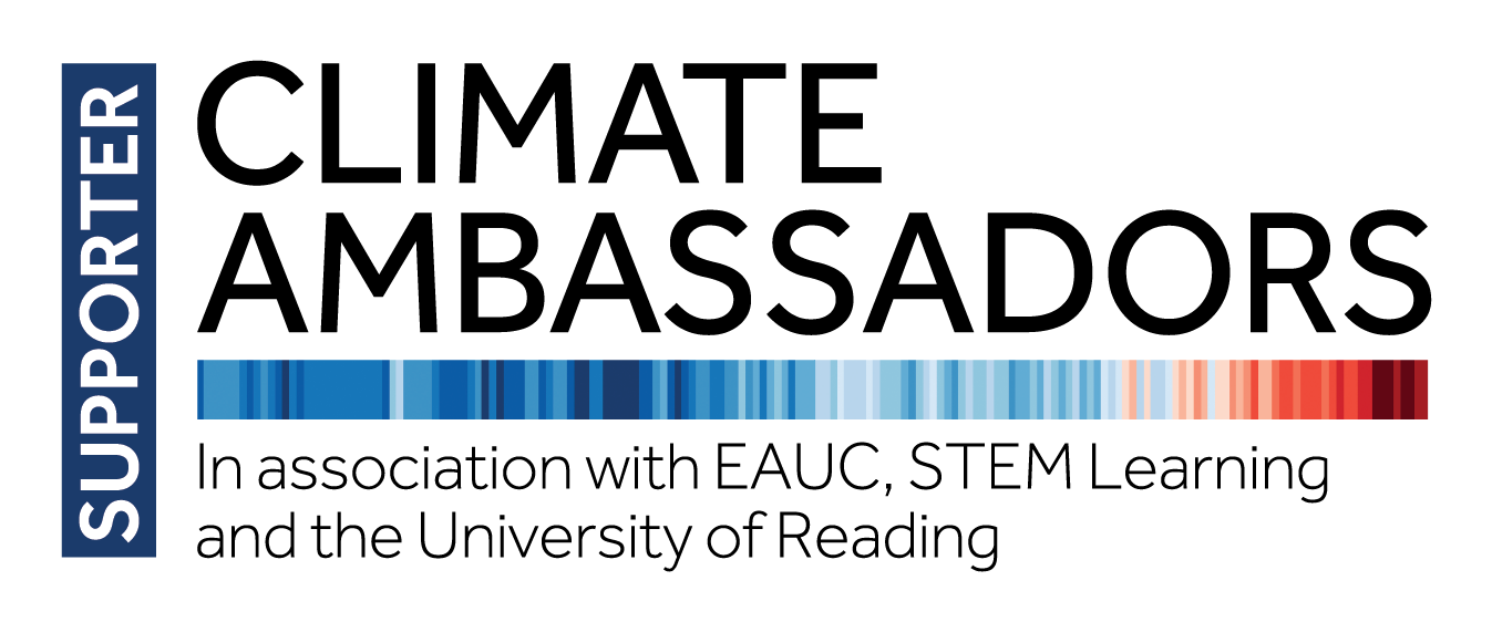 Supporter of Climate Ambassadors; logo includes blue, grey, and red temperature stripes, and mentions EAUC, STEM Learning, and the University of Reading.