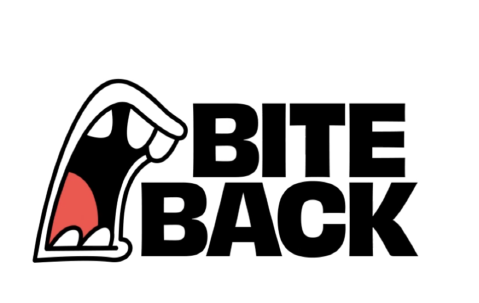 A graphic of an open mouth with sharp teeth next to the bold words BITE BACK on a white background.