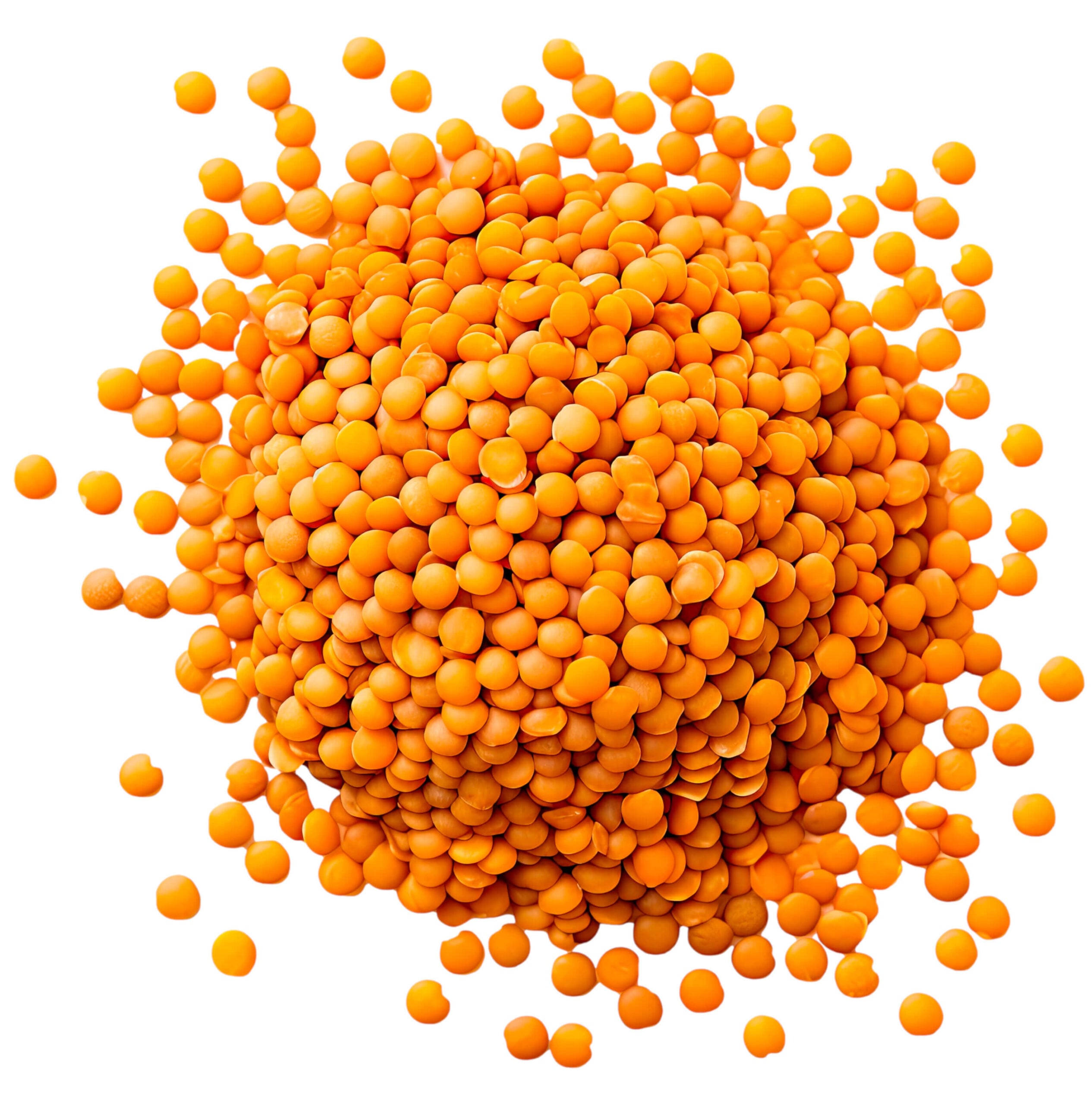 A pile of orange lentils is scattered on a white background.