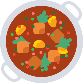 A pot of stew with chunks of vegetables, green herbs, and peas in a red-brown broth, viewed from above.