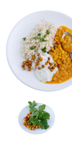 A plate with rice, yellow lentil curry, chickpeas, and yoghurt sauce, garnished with coriander; below is a small dish of chickpeas and coriander.