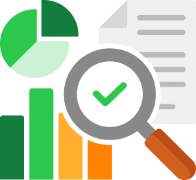 Illustration of a pie chart, bar graph, and document in the background, with a magnifying glass showing a green check mark in the foreground, symbolizing data analysis and validation.
