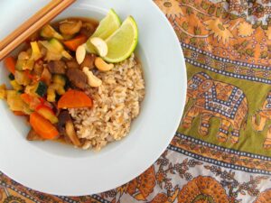 Rice with vegetables in soy sauce
