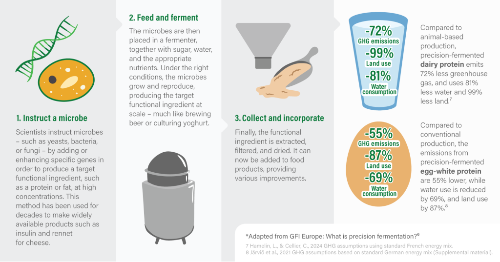 An infographic explains precision fermentation in three steps with illustrations: instruct a microbe, feed and ferment, and collect and incorporate, plus stats highlighting lower emissions and water use compared to animal-based protein products.