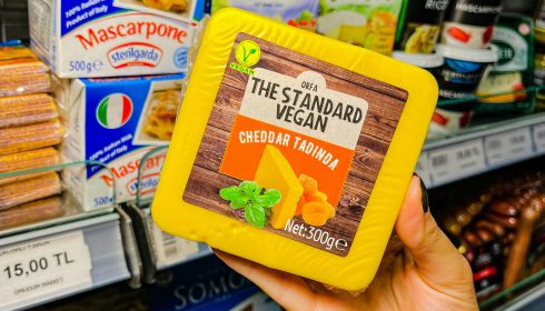 plant-based cheese. A hand holds a 300g block of The Standard Vegan Cheddar cheese in a grocery store fridge, surrounded by mascarpone, brie, and other dairy products. Price tags are visible on the shelf below.