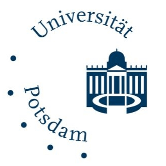 Logo of Universität Potsdam featuring a dark blue line drawing of a domed building with columns, surrounded by the words Universität Potsdam and five dots forming a curved line.