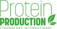 Logo for Protein Production Technology International with PRODUCTION in bold green uppercase letters and two green leaves integrated into the design. The other words are in a lighter green font.