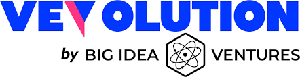 The image shows the Vevolution logo with VEVOLUTION in bold blue text, a pink V, and below, by BIG IDEA VENTURES next to a hexagon with an atomic symbol.