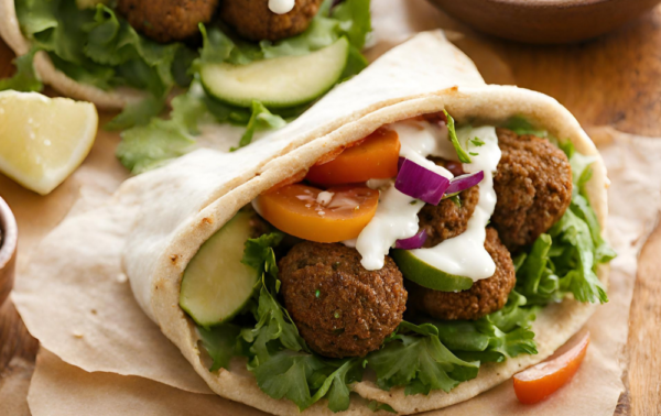 A pitta bread filled with falafel, lettuce, sliced cucumber, tomatoes, red onion, and topped with white sauce, placed on greaseproof paper.