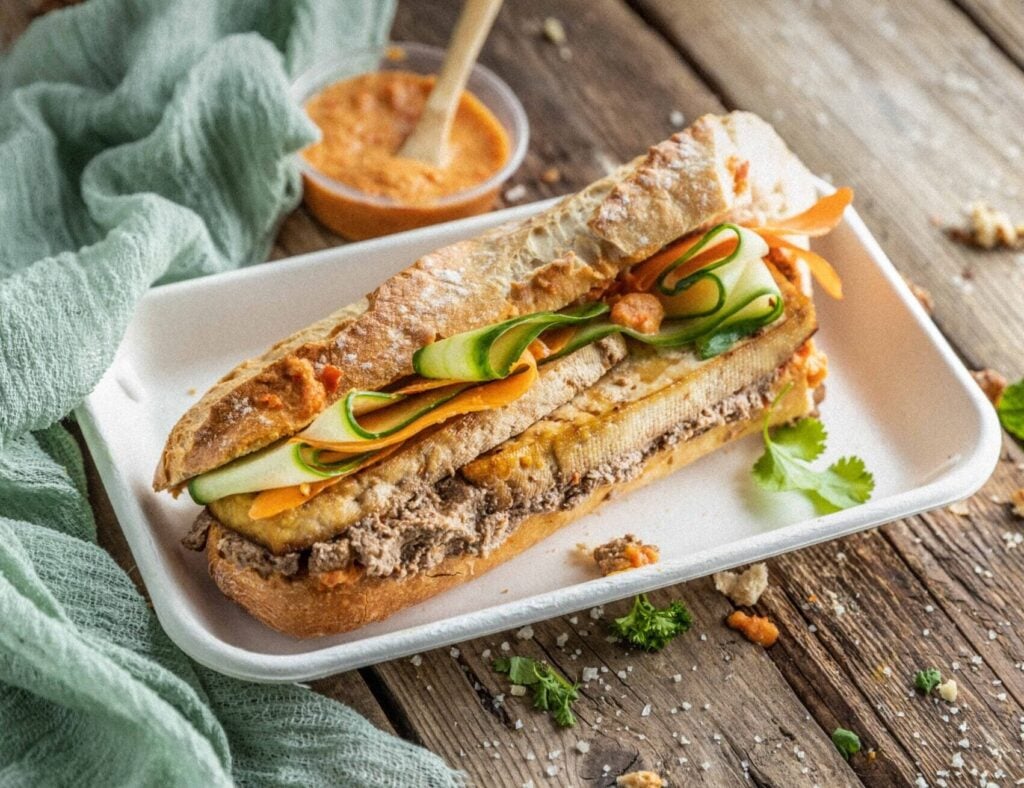 A sandwich on a tray filled with tofu, carrot, cucumber slices, and spread, with a bowl of sauce and a green cloth on a wooden table.