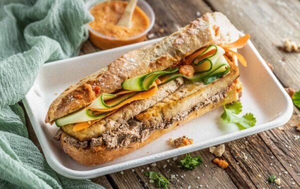 A sandwich on a tray filled with tofu, carrot, cucumber slices, and spread, with a bowl of sauce and a green cloth on a wooden table.