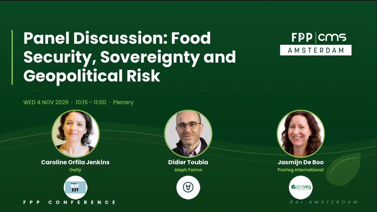 A promotional graphic for a panel discussion titled Food Security, Sovereignty and Geopolitical Risk with photos and names of three speakers and event details for FPP Amsterdam.
