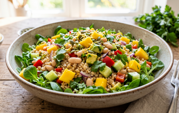 A bowl of salad with grains, mango, beans, red pepper, cucumber, red onion, spinach, and herbs sits on a wooden table near a fork, with parsley and a small dish in the background.