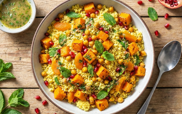 A bowl of couscous salad with roasted squash, chickpeas, carrots, mint leaves, and pomegranate seeds sits on a wooden table next to a spoon, mint, and a small bowl of dressing.