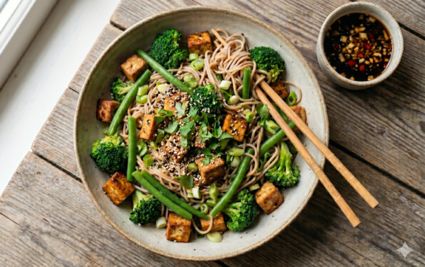 A bowl of soba noodles topped with tofu, broccoli, green beans, sesame seeds, and herbs, with chopsticks and a small dish of dipping sauce on the side.