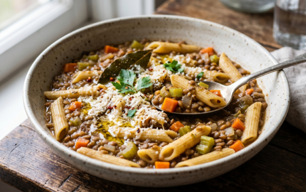 A bowl of vegetable barley soup with penne pasta, carrots, celery, parsley, and grated cheese, served on a rustic table with a spoon.