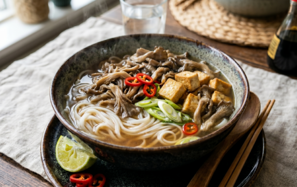 Bowl of noodle soup with tofu, mushrooms, sliced red chilli, spring onions, and lime, placed on a table with chopsticks, soy sauce, and a glass of water.