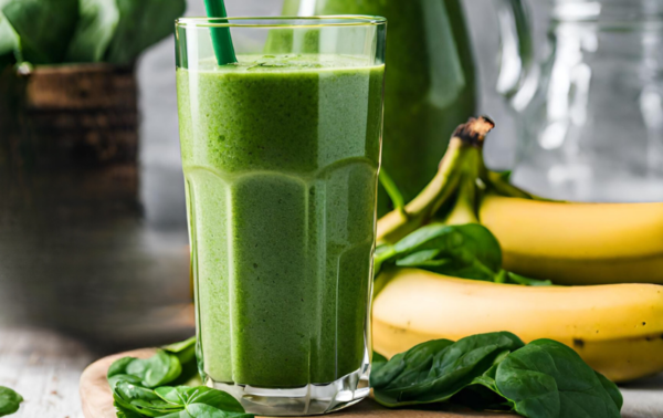 A glass of green smoothie with a straw sits on a wooden board, surrounded by fresh spinach leaves and bananas.