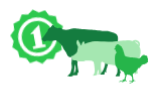 Silhouettes of a cow, a pig, and a chicken with a green badge showing the number one.
