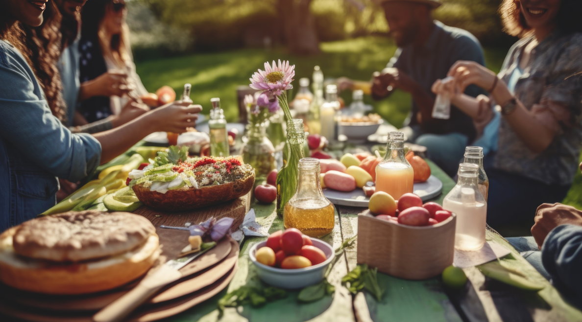 People sitting outdoors around a table with assorted food, drinks, fruit, and flowers, enjoying a picnic in a sunlit garden setting.