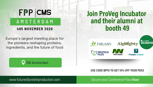 Event poster for FPP CMS Amsterdam on 4-5 November 2026, featuring ProVeg Incubator stand information, partner logos, and a 10% discount code.
